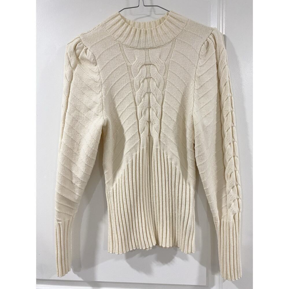 Marled Cream Cable Knit Mock Neck Sweater M Cozy Chunky Ribbed Winter Pullover - Picture 10 of 11